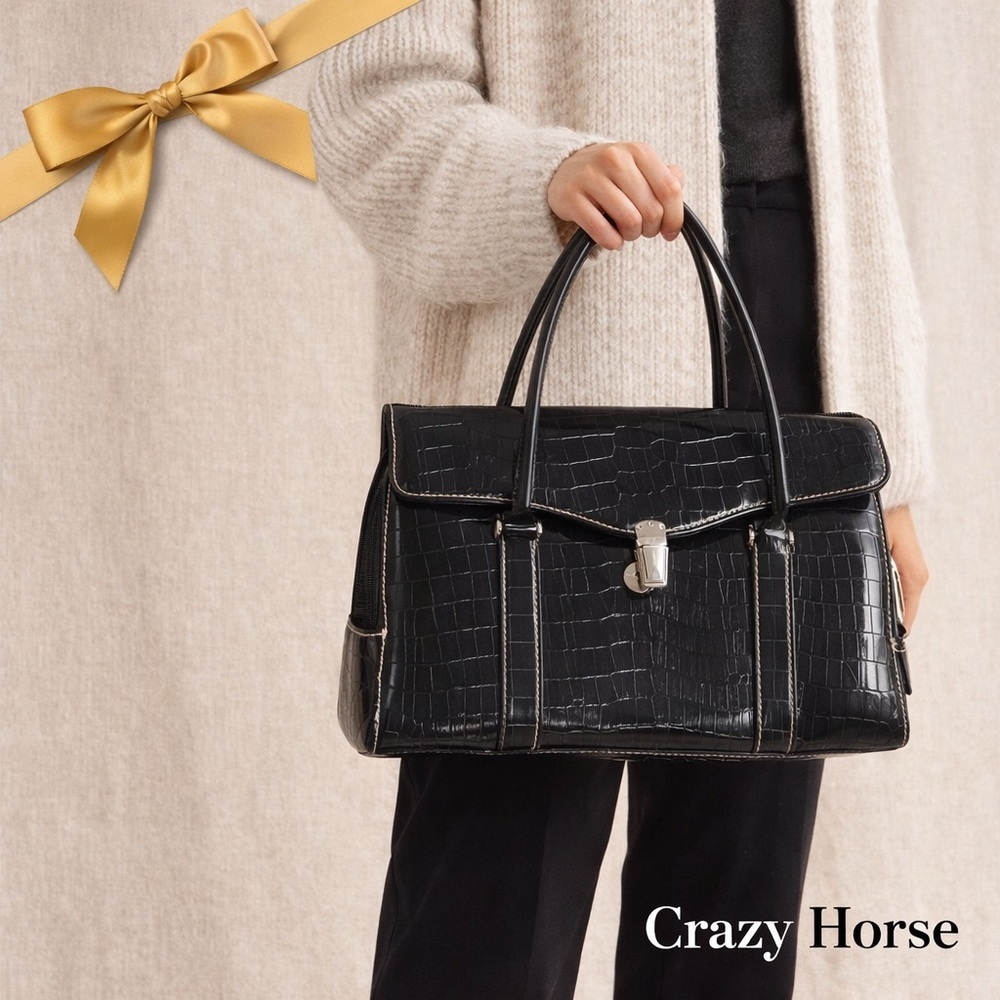 Crazy Horse Black Croc-Embossed Shoulder Handbag